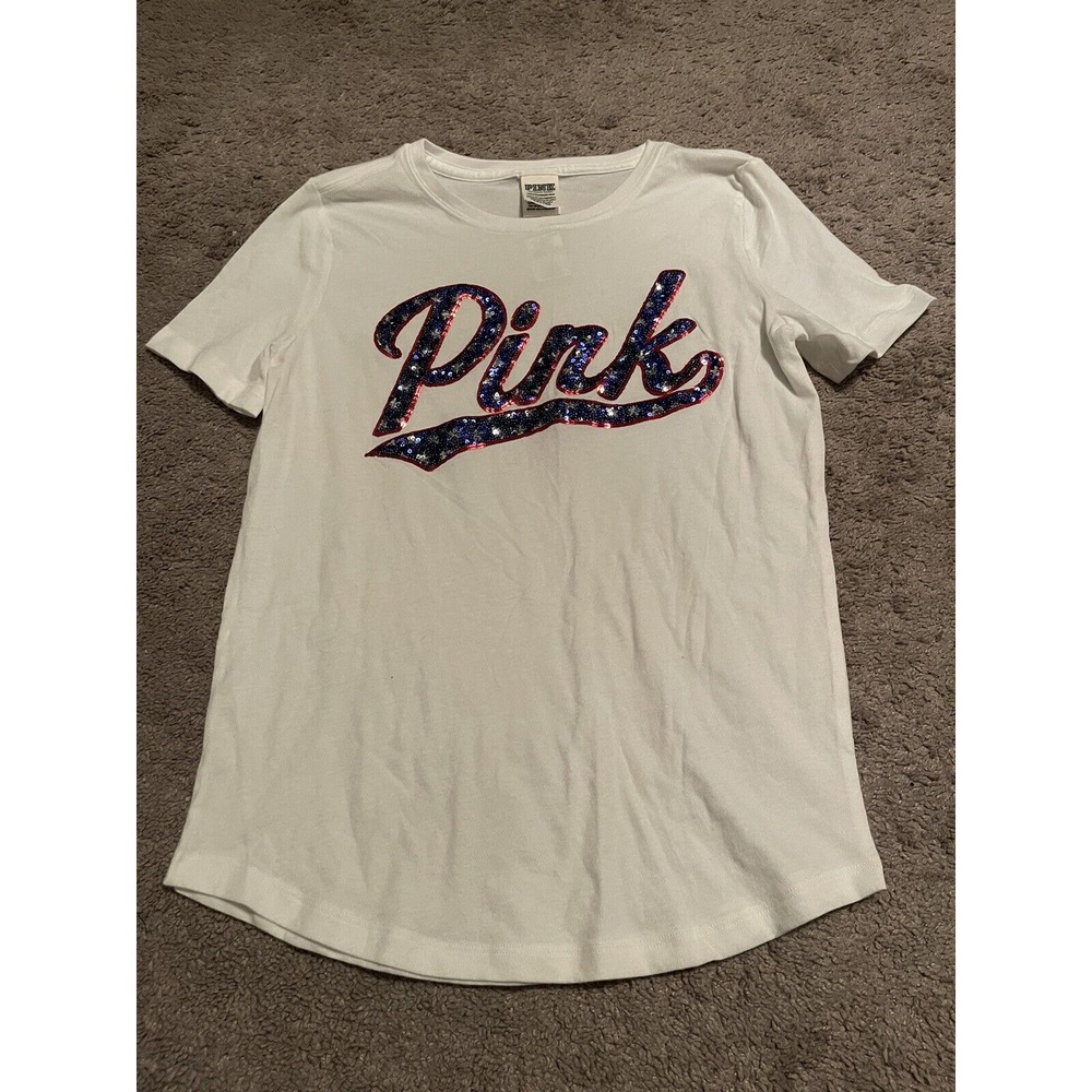 Victoria's Secret PINK SHIRT Sz XS - White Bling Stars Patriotic